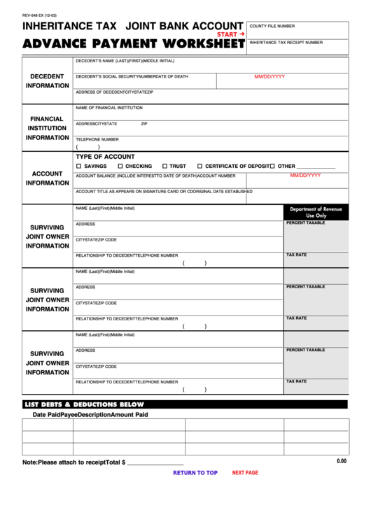 Fillable Form Rev-548 Ex - Inheritance Tax Joint Bank Account Advance Payment Worksheet Printable pdf
