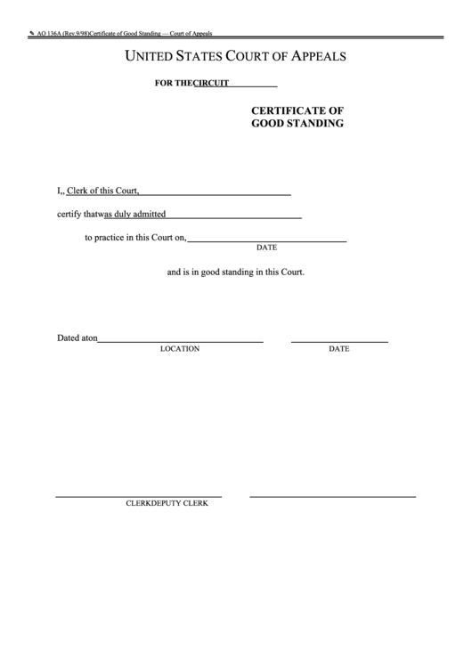 Fillable Form Ao 136a - Certificate Of Good Standing Printable pdf