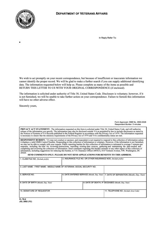 Fillable Va Form Fl 70-2 - Request To Correspondent For Identifying Information Regarding Veteran Printable pdf
