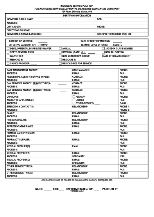 Individual Service Plan Template Prntbl concejomunicipaldechinu gov co