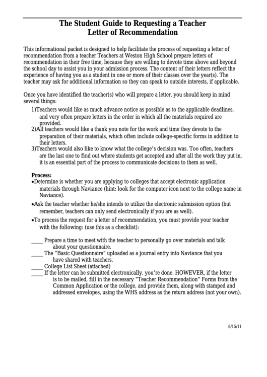The Student Guide To Requesting A Teacher Letter Of Recommendation Printable pdf