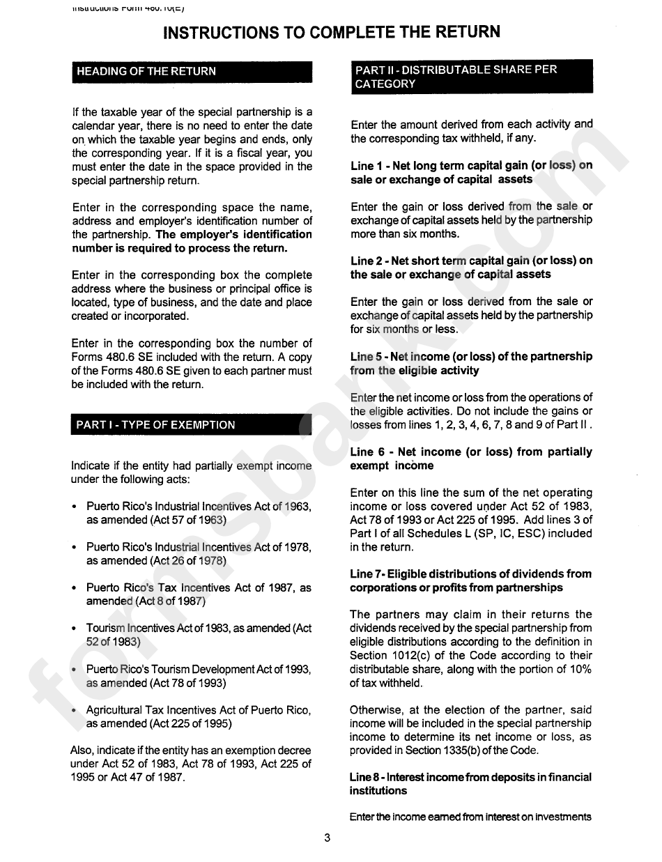 Instructions For Form 480.10(E) - The Special Partnership Informative Income Tax Return