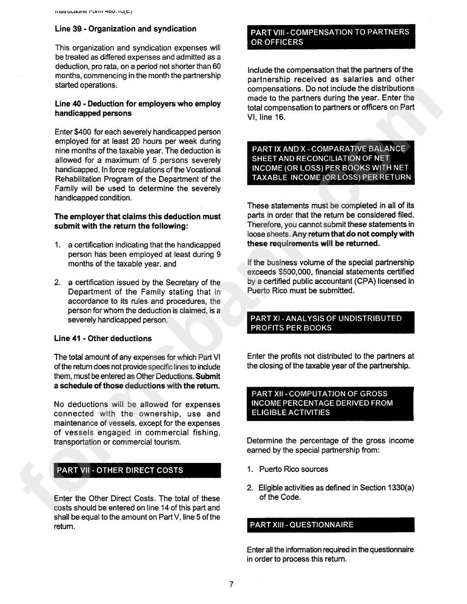 Instructions For Form 480.10(E) - The Special Partnership Informative Income Tax Return