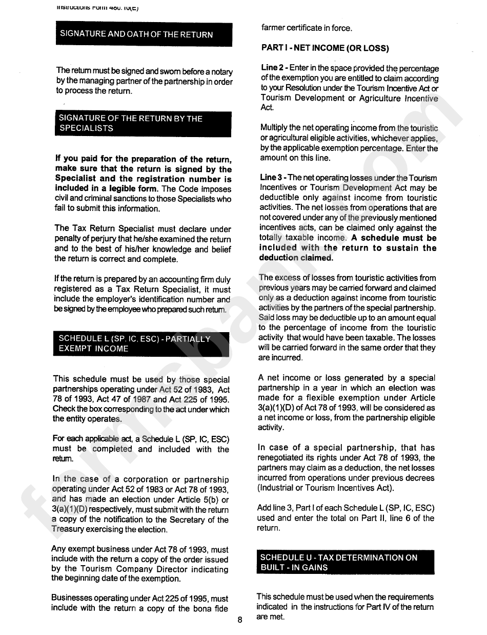 Instructions For Form 480.10(E) - The Special Partnership Informative Income Tax Return