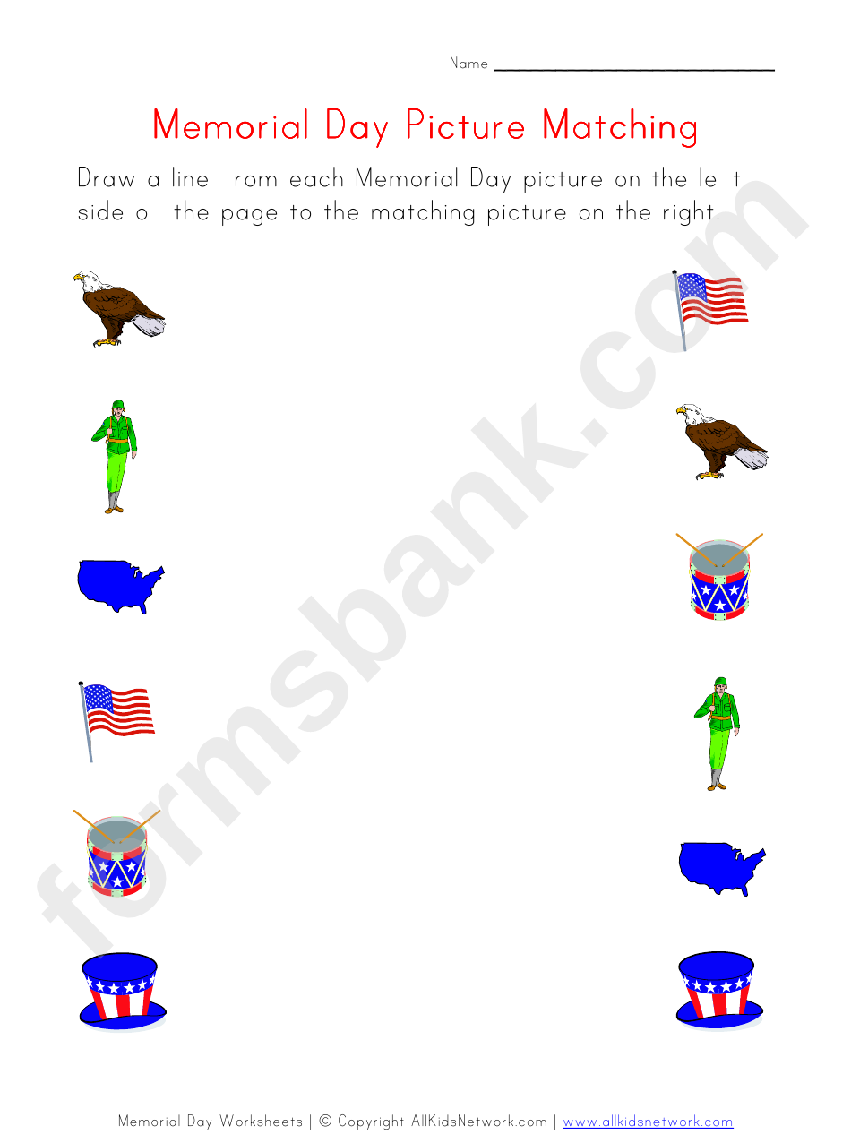 Memorial Day Worksheet - Picture Matching