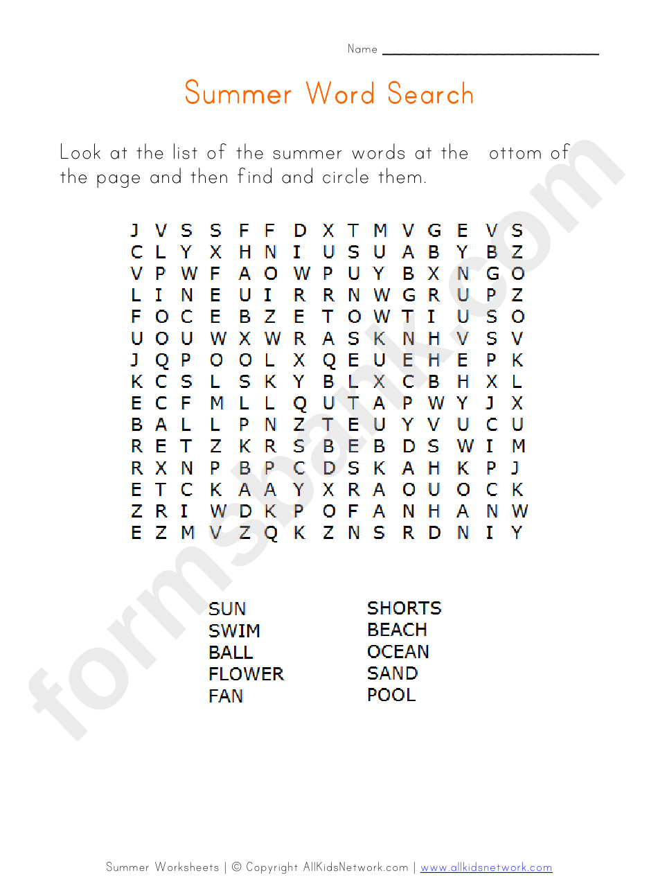 Summer Worksheet - Word Search