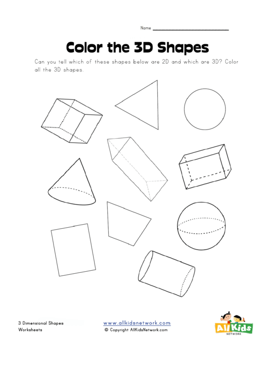 3 Dimensional Shapes Worksheet - Color The 3d Shapes Printable pdf