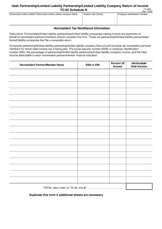 Form Tc-65 - Schedule N - Utah Partnership/limited Liability Partnership/limited Company Return Of Income Printable pdf