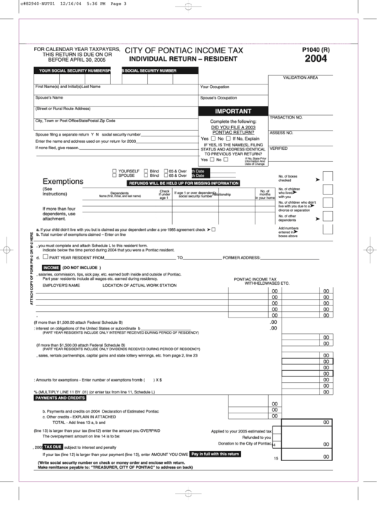 Form P1040 (r) - Individual Return For A Resident - 2004