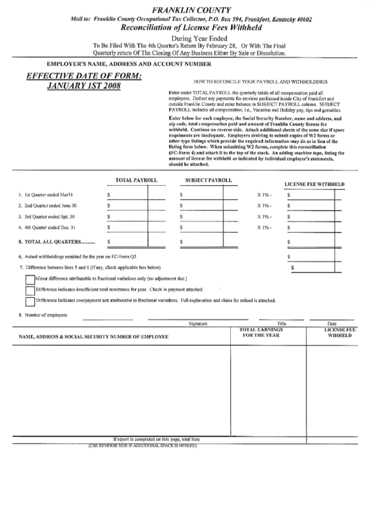 Reconciliation Of License Fees Withheld - Franklin County, Ohio printable pdf download