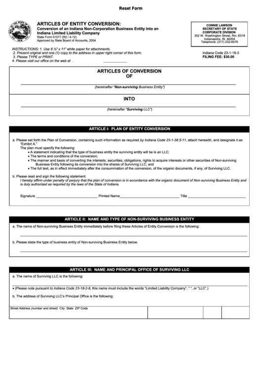 Fillable Form 51577 - Articles Of Entity Conversion - Indiana Limited ...