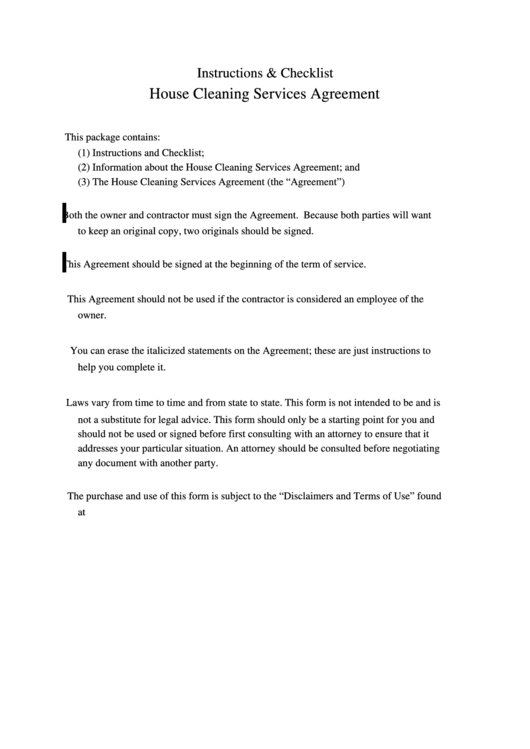 House Cleaning Services Agreement Printable pdf
