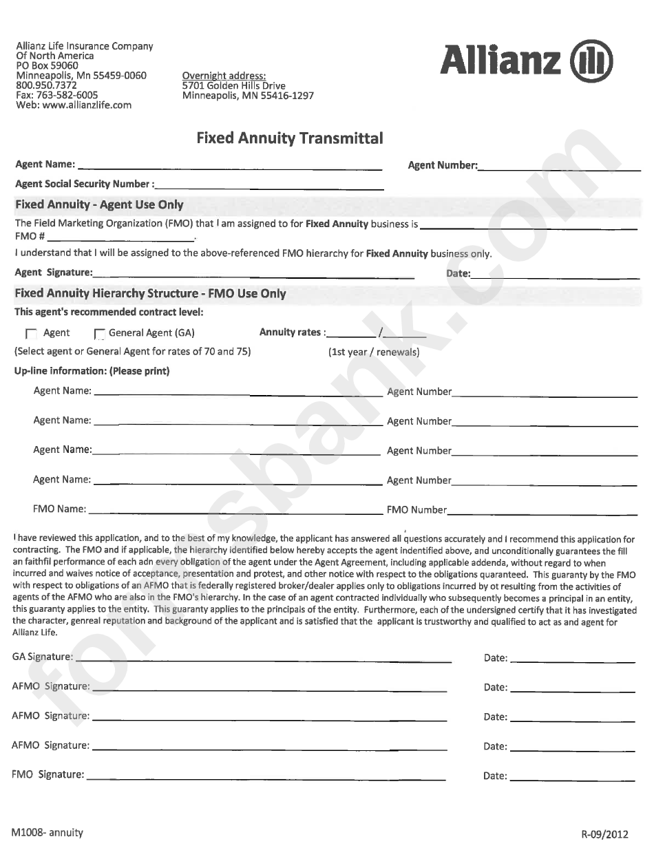 Form M1008-Annuity - Allianz Fixed Annuity Transmittal/form M1008-Life - Fixed Life Transmittal