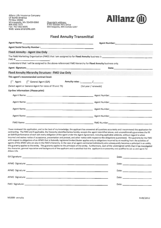 Form M1008-Annuity - Allianz Fixed Annuity Transmittal/form M1008-Life - Fixed Life Transmittal Printable pdf