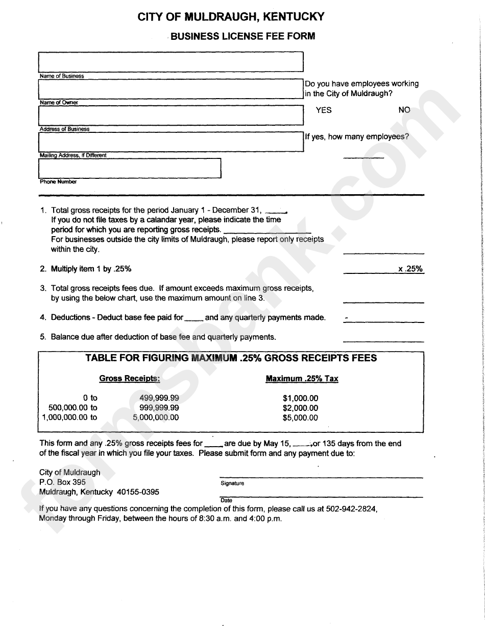 Business License Fee Form - City Of Muldraugh