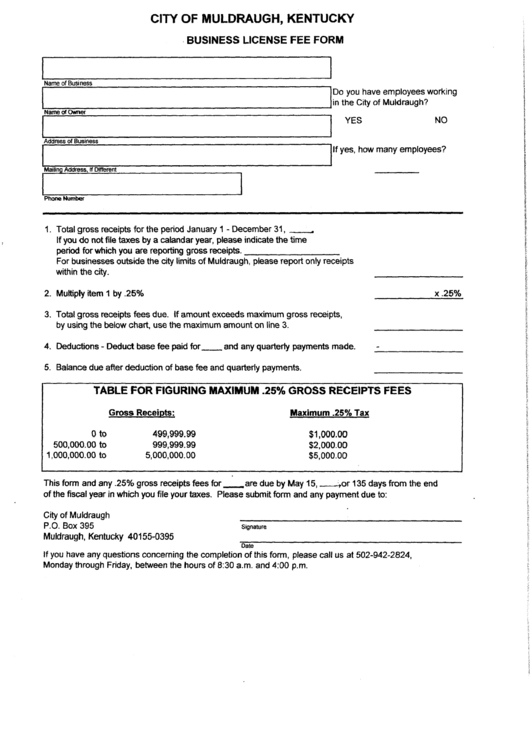 Business License Fee Form - City Of Muldraugh Printable pdf