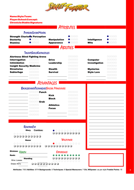 Fillable Street Fighter Character Sheet Printable pdf