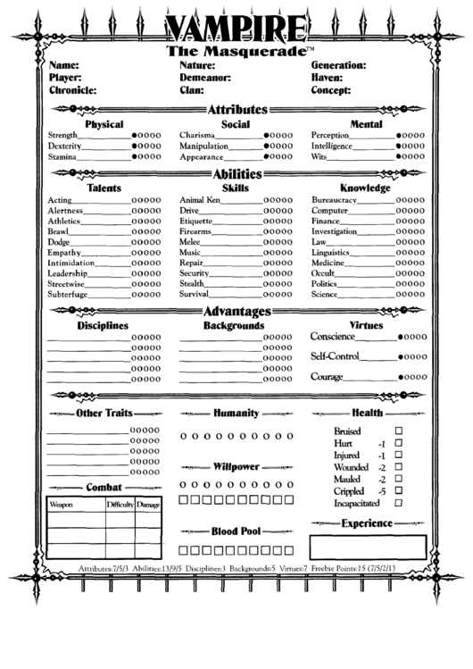 Vampire The Masquerade Character Sheet printable pdf download