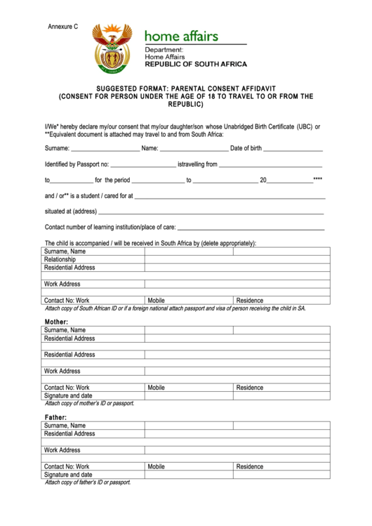 Parental Consent Affidavit Form - Republic Of South Africa Printable pdf
