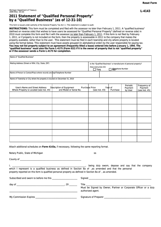 Fillable Form 2699 - Statement Of "Qualified Personal Property" By A "Qualified Business" - 2011 Printable pdf