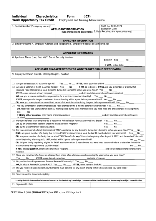Eta Form 9061 - Individual Characteristics Form (icf) - Work Opportunity Tax Credit - 2007