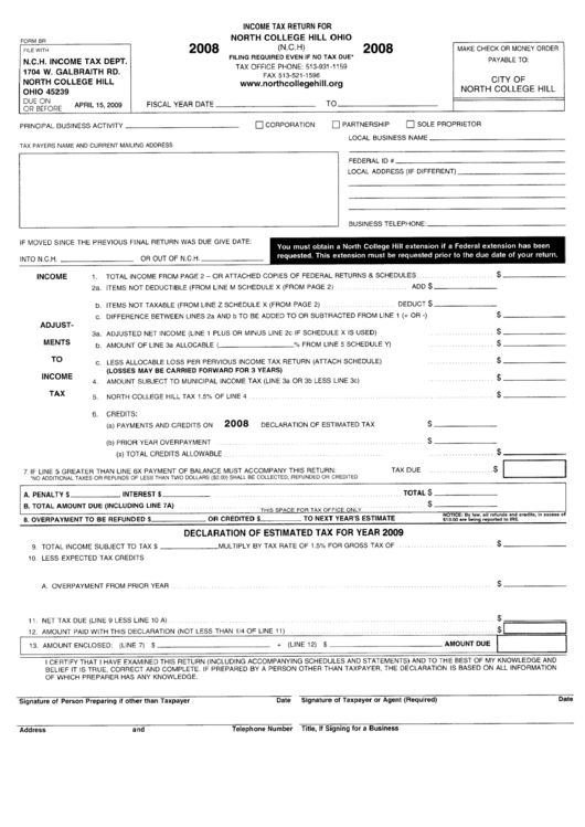 Form Br - Income Tax Return For North College Hill - 2008 Printable pdf