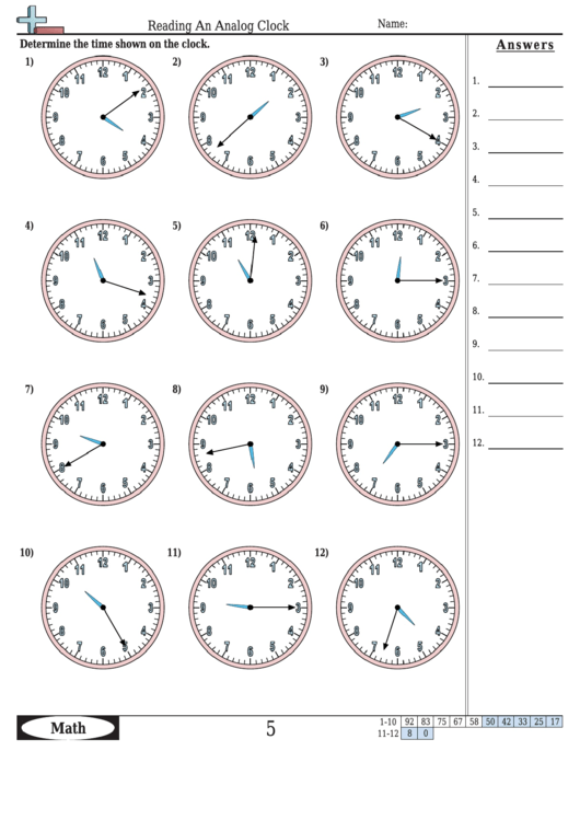 Reading An Analog Clock Worksheet Template With Answer Key Printable pdf