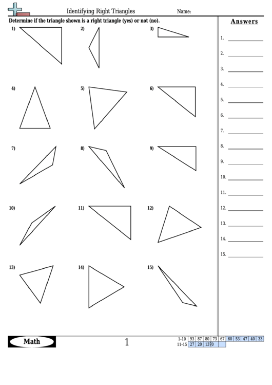 Identifying Right Triangles Worksheet Template With Answer Key