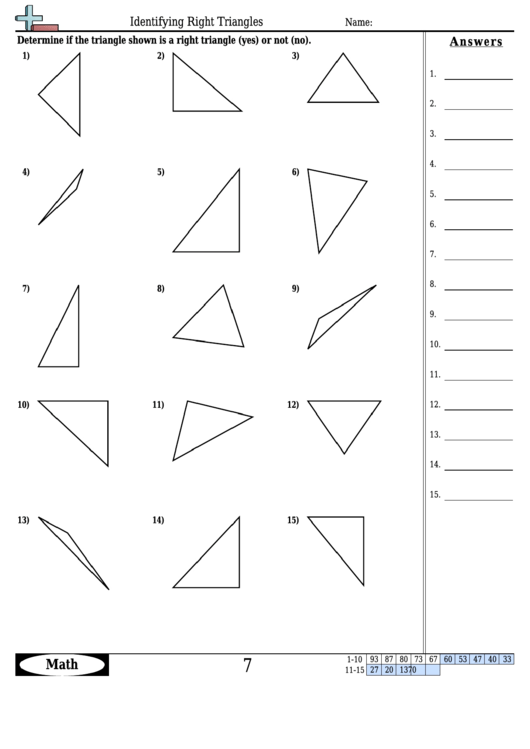 Identifying Right Triangles Worksheet Template With Answer Key Printable pdf
