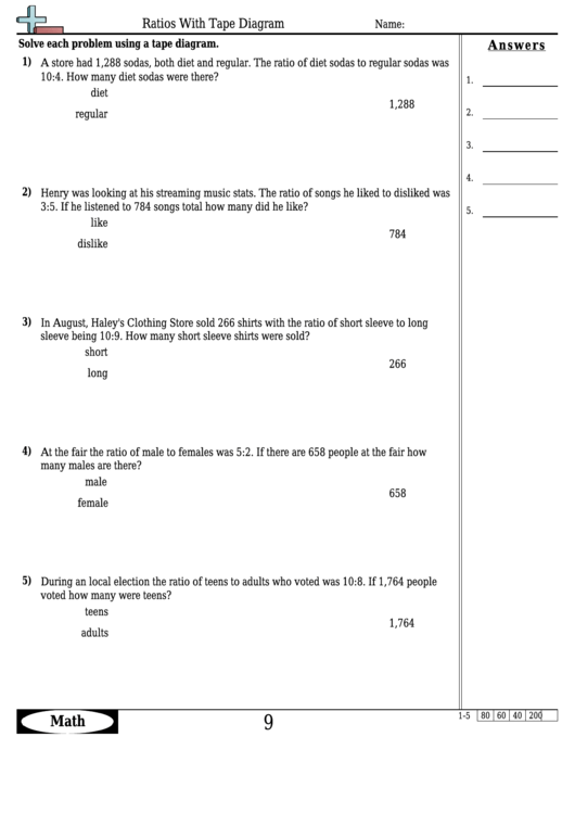 Ratios With Tape Diagram Worksheet Template With Answer Key printable