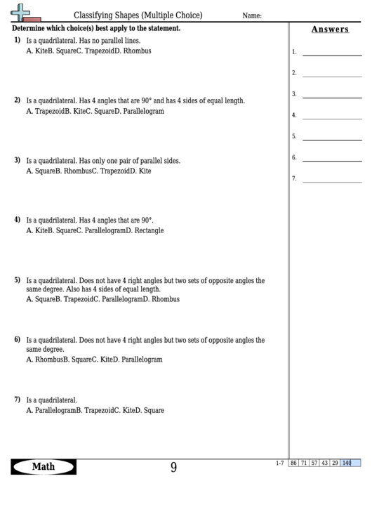 Classifying Shapes Multiple Choice Worksheet With Answer Key