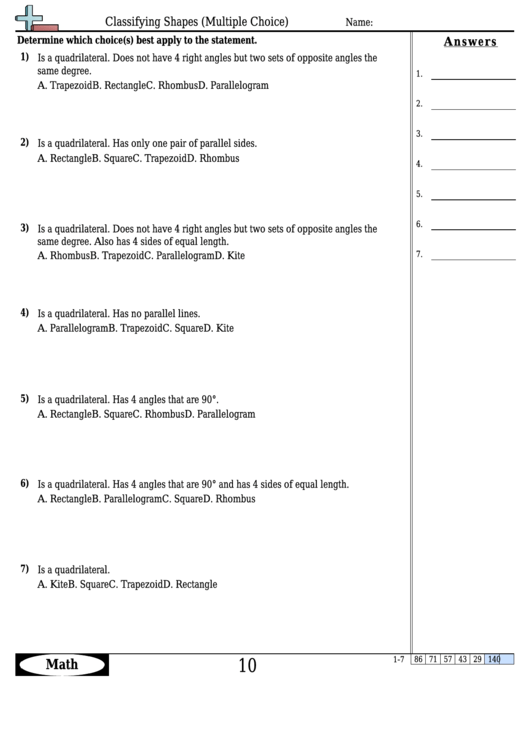 Classifying Shapes (Multiple Choice) Worksheet With Answer Key Printable pdf