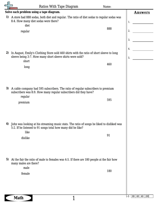 Ratios With Tape Diagram Worksheet Template With Answer Key Printable pdf