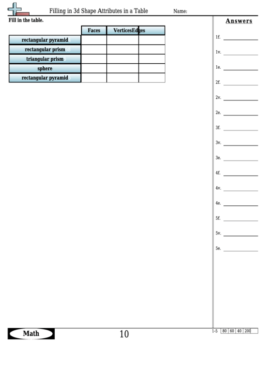 Filling In 3d Shape Attributes In A Table Worksheet With Answer Key Printable pdf
