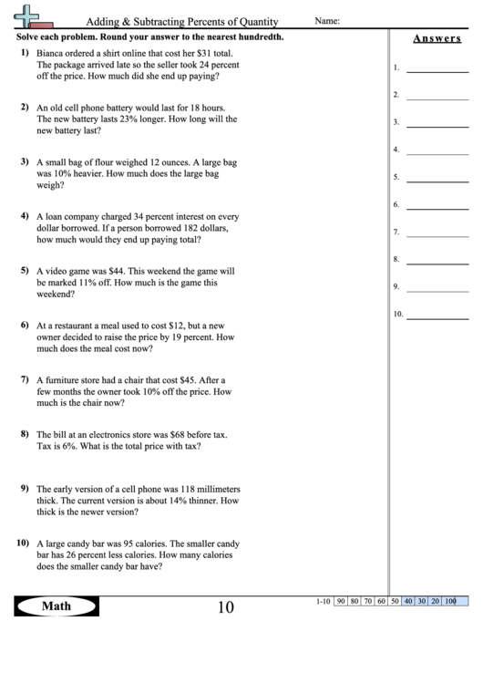 Adding & Subtracting Percents Of Quantity Worksheet Template With Answer Key Printable pdf