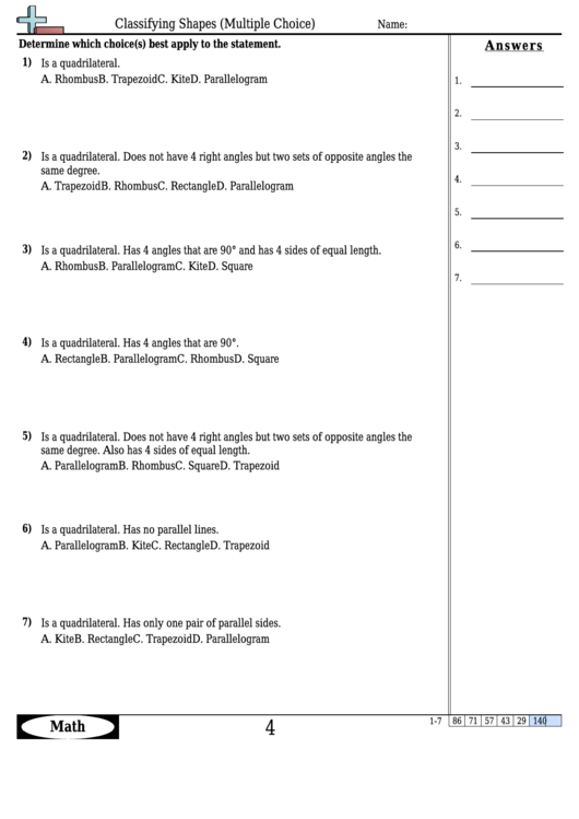 Classifying Shapes (Multiple Choice) Worksheet With Answer Key Printable pdf