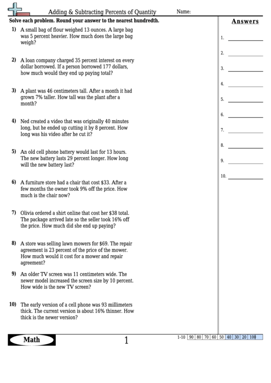 Adding & Subtracting Percents Of Quantity Worksheet Template With Answer Key Printable pdf