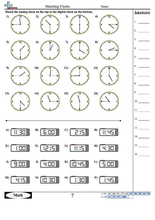 Matching Clocks Worksheet Template With Answer Key Printable pdf