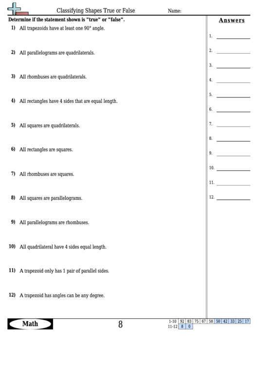 Classifying Shapes True Or False Worksheet With Answer Key Printable pdf