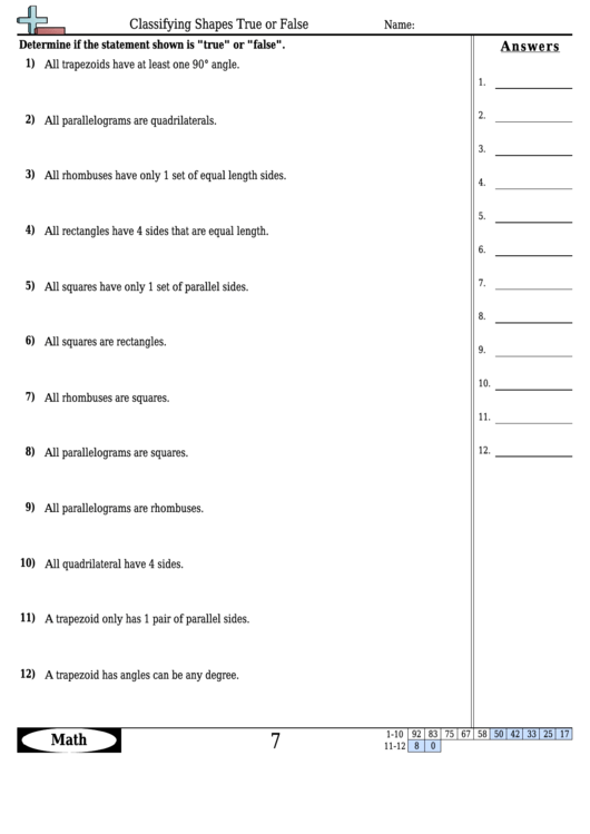 Classifying Shapes True Or False Worksheet With Answer Key Printable pdf