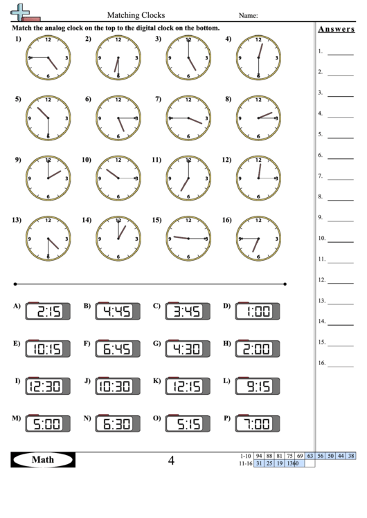 Matching Clocks Worksheet Template With Answer Key