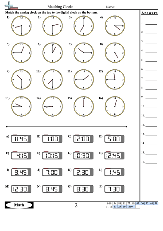 Matching Clocks Worksheet Template With Answer Key Printable pdf