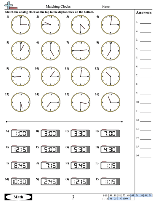 Matching Clocks Worksheet Template With Answer Key Printable pdf