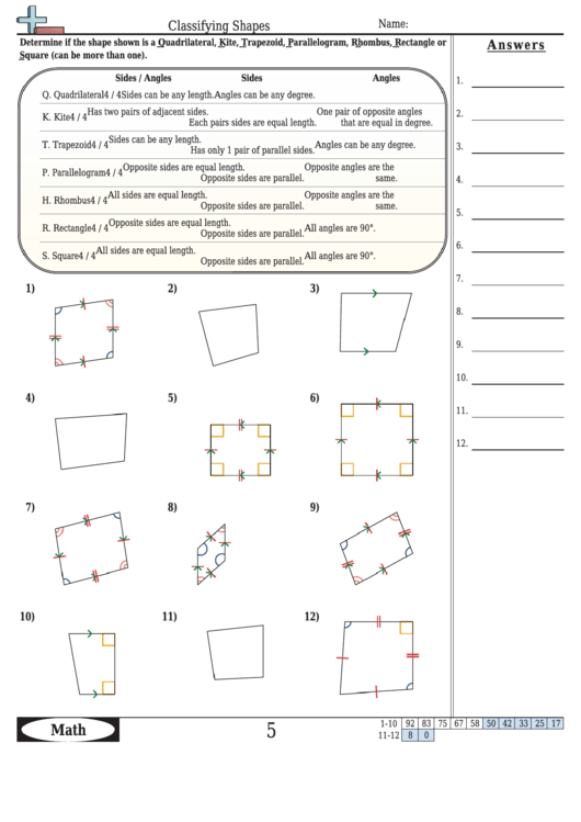 Classifying Shapes Worksheet With Answer Key Printable pdf