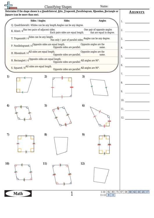 Classifying Shapes Worksheet With Answer Key Printable pdf