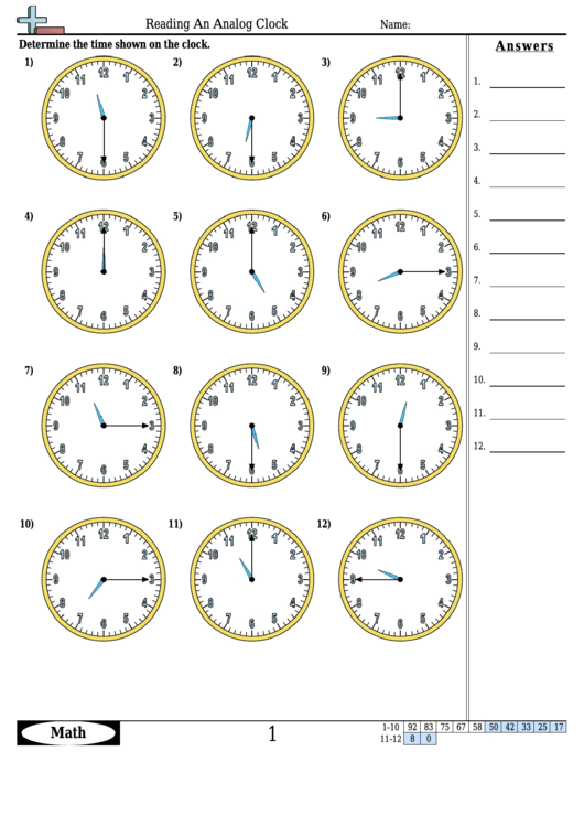 Reading An Analog Clock Worksheet Template With Answer Key printable