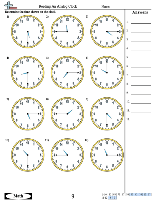 Reading An Analog Clock Worksheet Template With Answer Key Printable pdf