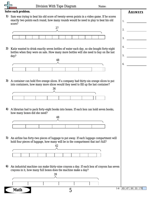 Division With Tape Diagram Worksheet Template With Answer Key printable