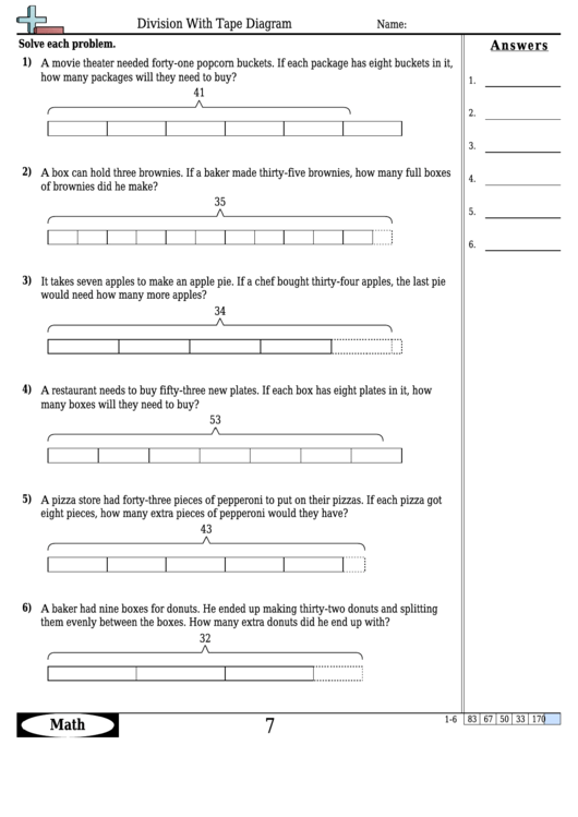 Division With Tape Diagram Worksheet Template With Answer Key Printable pdf