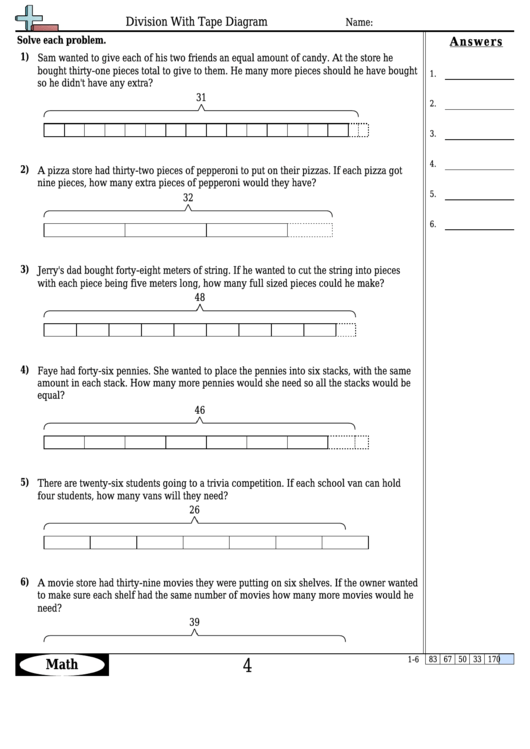 division with tape diagram worksheet template with answer key printable